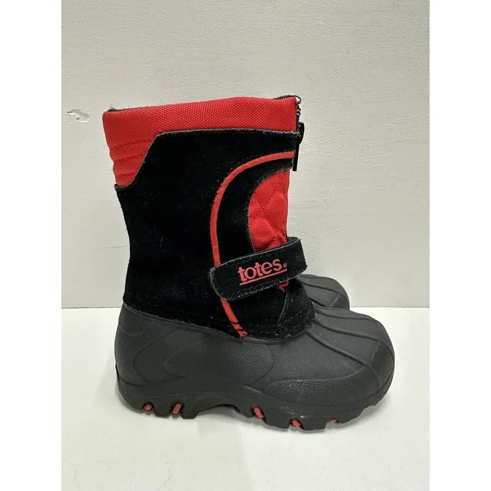 Totes toddler size 6M waterproof insulated black red snow suede & man made boots